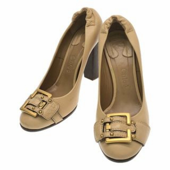 Chloe Leather Buckle Block Heel Preppy Feminine Luxury Pump Heels 6 - Picture 1 of 10